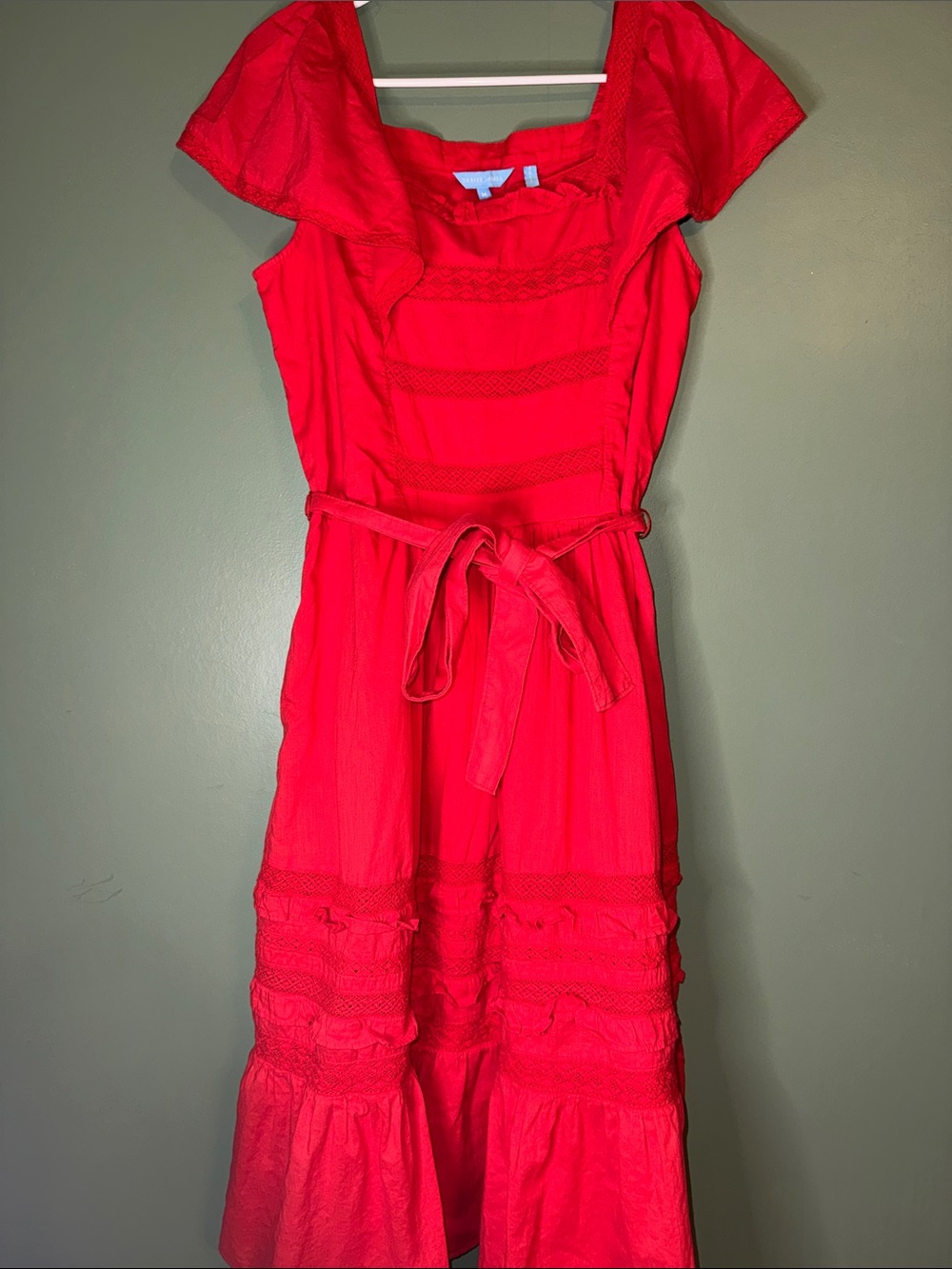Draper James Red Tie Waist Square Neck Peasant Dress in Embroidered Stripe Med